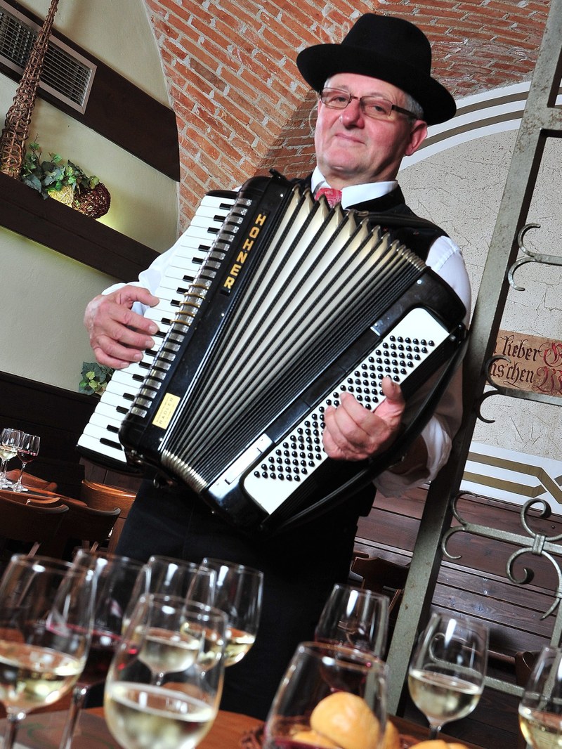 Musiker mit Akkordeon spielt Wachauer Lieder im Stiftskeller